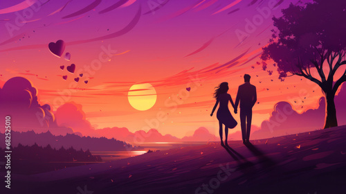 Silhouettes of a couple on a sunset stroll  creating a warm and loving scene with heart-shaped balloons in the sky.