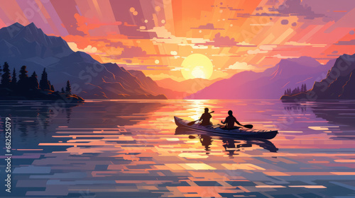Adventurers paddle in a canoe during a vivid twilight, reflecting on the mountain lake for a perfect end-of-day journey.