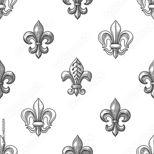 Seamless pattern with royal lilies in engraving style. Fleur de lis on a light isolated background. Heraldic symbol of royalty. Vintage vector illustration.