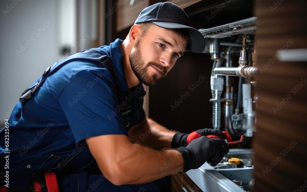 A handsome plumber removes a blockage in the kitchen A handsome plumber removes a blockage in the kitchen