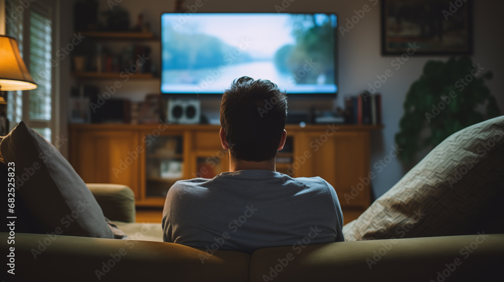 Man on the couch is watching TV. football fan watches football and rejoices at the victory. Entertainment and sports concept. Watching sports, movies on TV at home. Generated AI Man on the couch is watching TV. football fan watches football and rejoices at the victory. Entertainment and sports concept. Watching sports, movies on TV at home. Generated AI