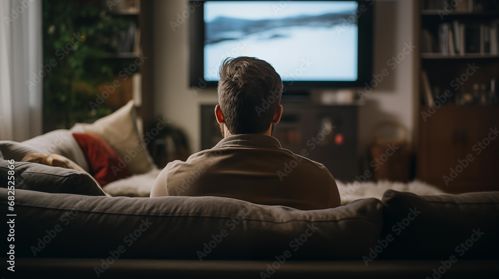 Man on the couch is watching TV. football fan watches football and rejoices at the victory. Entertainment and sports concept. Watching sports, movies on TV at home. Generated AI Man on the couch is watching TV. football fan watches football and rejoices at the victory. Entertainment and sports concept. Watching sports, movies on TV at home. Generated AI