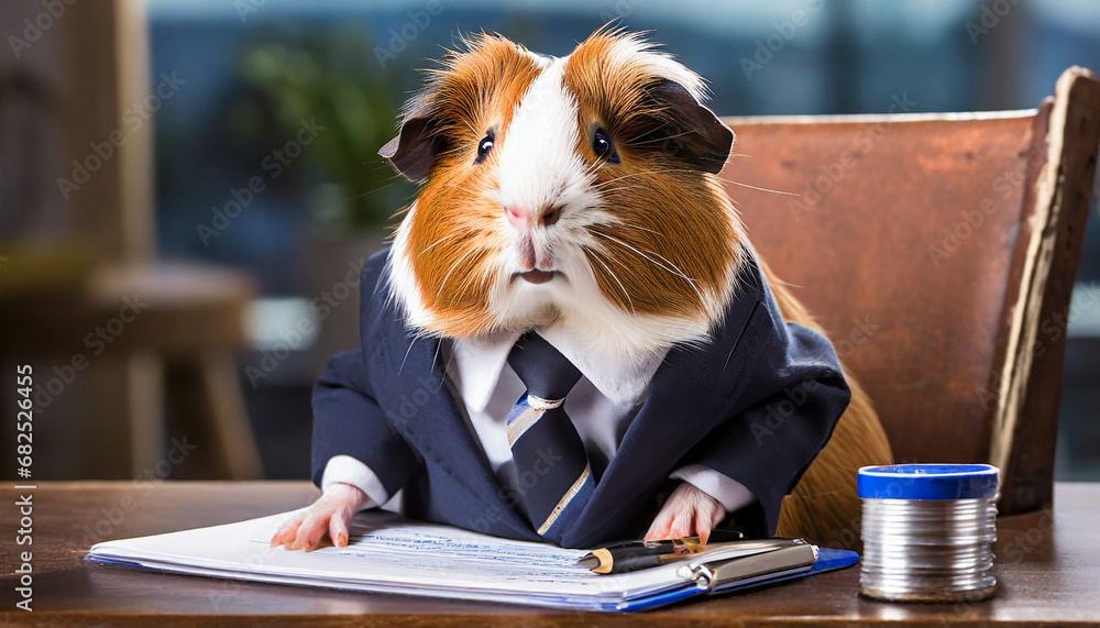 Office work concept. Boss wearing suit and tie, sitting on desk. Guinea Pig working  ,ai generated