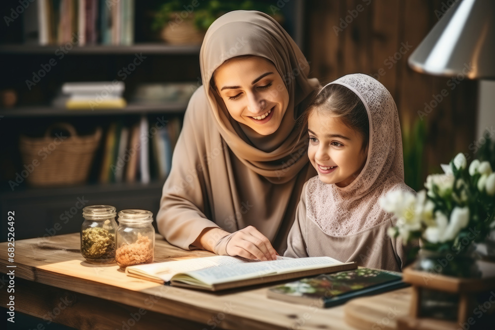 Muslim Mother and Daughter Engaged in Homework Muslim Mother and Daughter Engaged in Homework