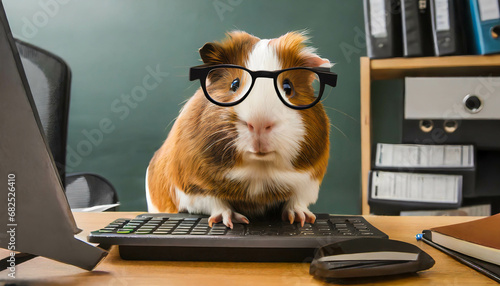  Guinea pig wearing glasses sitting on desk looking at computer screen. office work concept  ,ai generated
