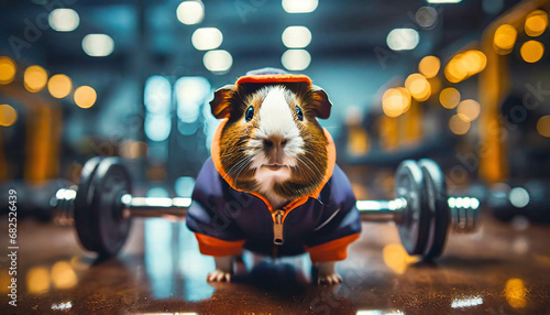 Fitness concept. Guinea pig wearing sports outfit in training gym  ,ai generated photo