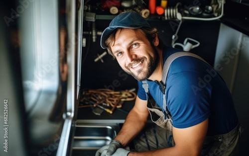 A handsome plumber removes a blockage in the kitchen photo