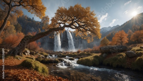 autumn landscape with a waterfall in the forest