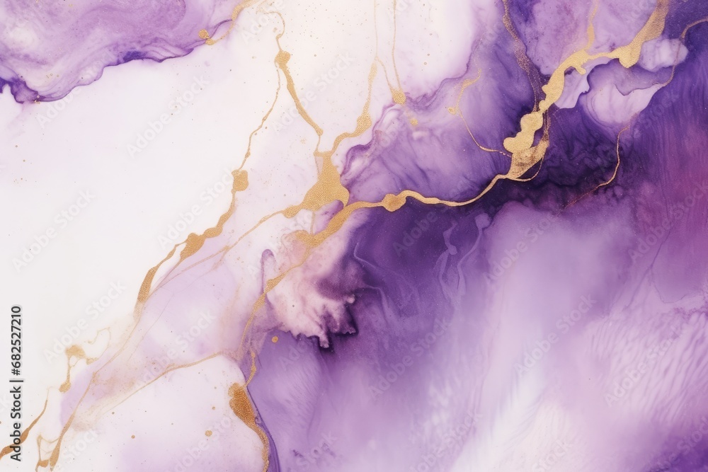 Abstract purple liquid watercolor background with golden lines. Pastel marble alcohol ink drawing.