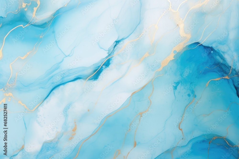 Obraz premium Abstract blue liquid watercolor background with golden lines. Pastel marble alcohol ink drawing.