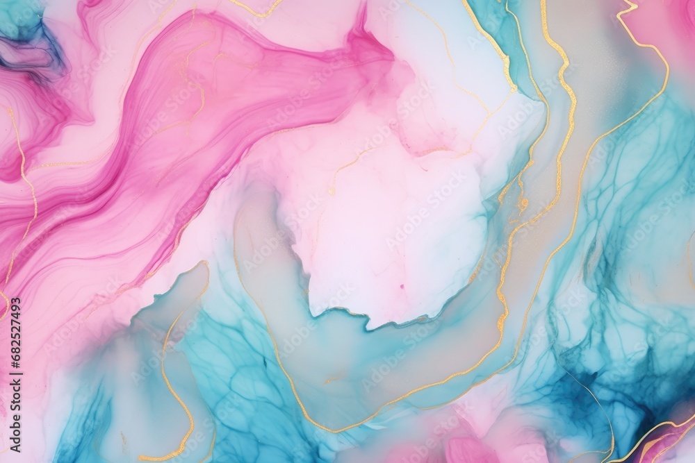 Abstract pink blue liquid watercolor background with golden lines. Pastel marble alcohol ink drawing.