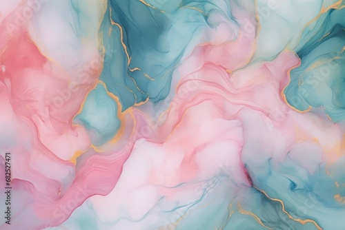 Abstract pink blue liquid watercolor background with golden lines. Pastel marble alcohol ink drawing. © premyuda
