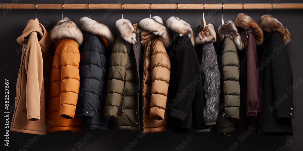 Naklejka premium winter coats and jackets on a hanger. ai generative