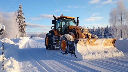 winter snow removal on the road with a bulldozer. ai generative