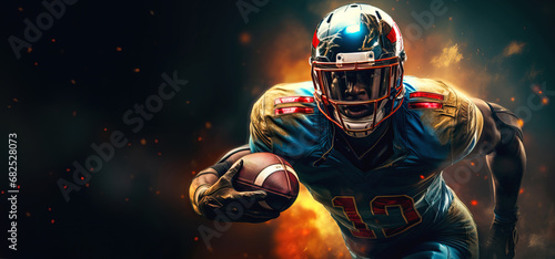 American football player running with the ball in dynamic action. Team spirit, overcoming, equality and tolerance concept in the sport. Copy space for text, banner or design. photo