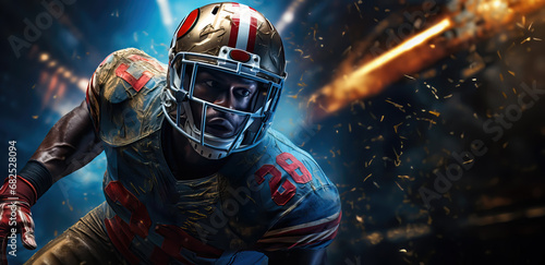 American football player in dynamic action at stadium with lights in the background. Team spirit, overcoming, equality and tolerance concept in the sport. Copy space for text, banner or design photo