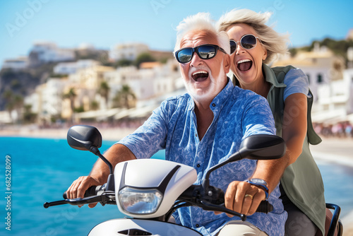 Senior couple enjoying a scooter ride through a European country beach side . Retirement, travel concept
