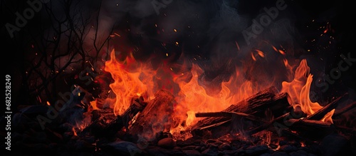 In the black of the night, red flames danced and crackled, casting a warm glow amidst the darkness. The campfire spat sparks, leaving soot and ash on the logs as the fire grew hotter.