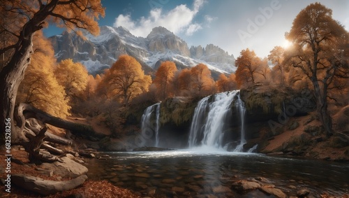 autumn landscape with a waterfall in the forest