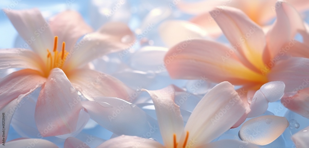 a close-up of delicate flower petals, pale lavender blues and subtle coral oranges.