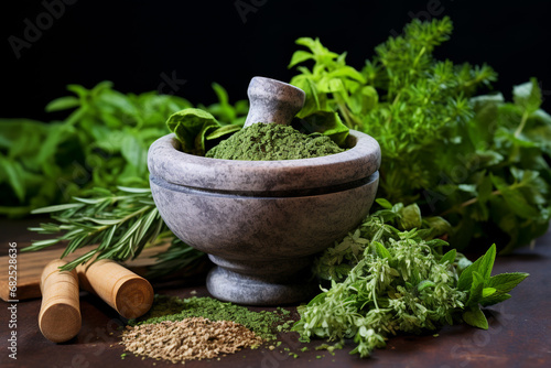 A mortar and pestle surrounded by colorful fresh medicinal herbs. ai generative