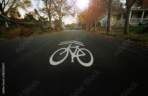 A bike sharrow symbol on a neighborhood street in Raleigh North Carolina photo