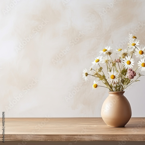 Wooden table with beige clay vase with bouquet of chamomile flowers near empty, blank white wall. Home interior background with copy space. © Lens_Lore