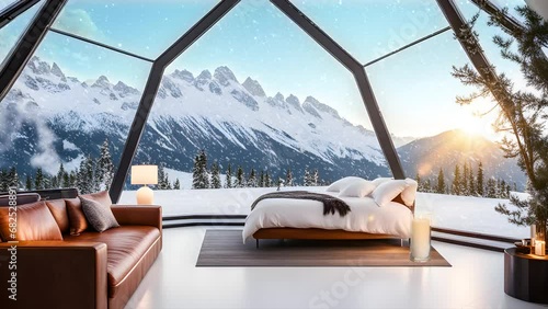Inside a Luxury Glamping Dome in the Snowy Evening Mountains under the Twinkling Starry Sky -4k Seamless Loop photo