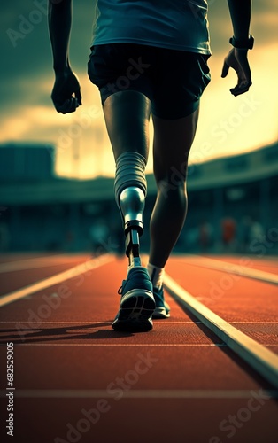  Prosthetic-Legged Athlete on Track. Athletic Perseverance