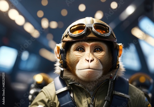 Monkey become pilot, wearing glasses and hat, inside plane