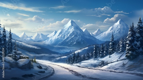 A snow-covered mountain road winding through a breathtaking winter landscape. © Mustafa_Art