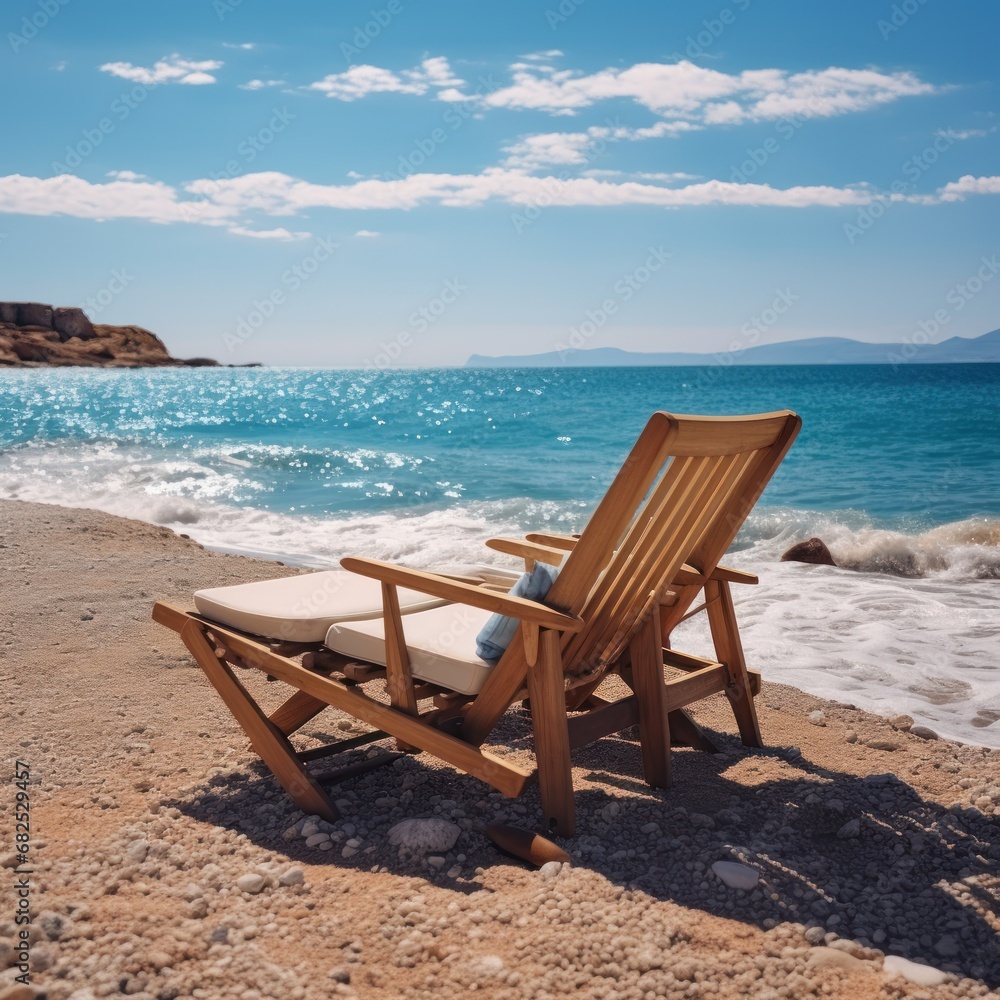 Wooden deck chair on the beach near the sea. Vacation concept. Seashore. Two Beach Chairs on Seashore. Deckchair.