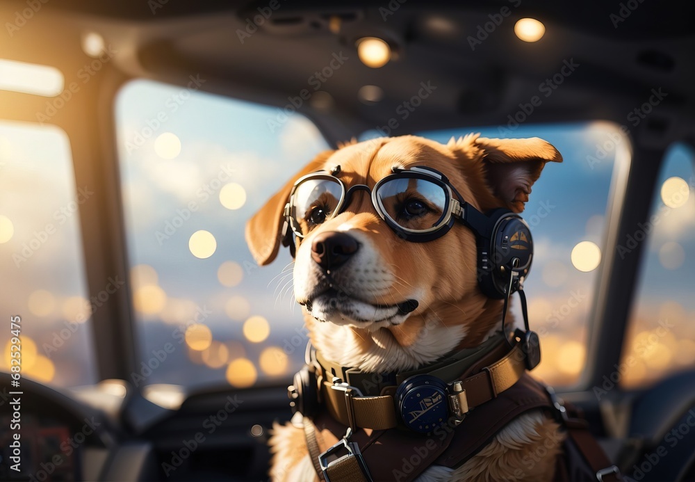 Dog become pilot, wearing glasses and hat, inside plane