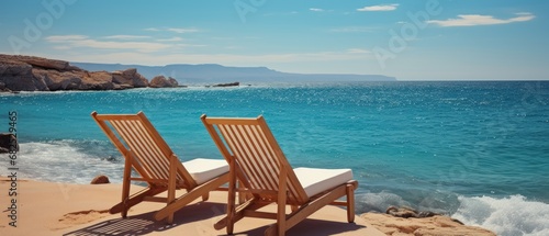 Two deckchairs on the beach in Crete, Greece. Panorama. Seashore. Two Beach Chairs on Seashore. Deckchair.