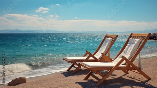 Beach chair on the sand near the sea. Vacation concept. Seashore. Two Beach Chairs on Seashore. Deckchair.