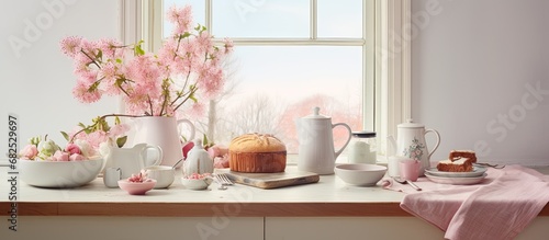 In the bright  white kitchen  a table covered in a pink tablecloth showcased a healthy breakfast spread - fruit  milk  and a plate of eggs. A bottle of tea and a steaming cup of coffee sat near the