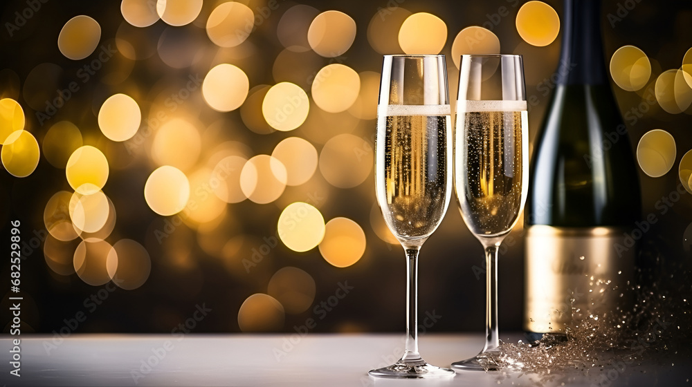 .Two glasses of champagne on a background of festive New Year and Christmas bokeh lights with Christmas decorations. Copy space. New Year celebration concept. .Two glasses of champagne on a background of festive New Year and Christmas bokeh lights with Christmas decorations. Copy space. New Year celebration concept.