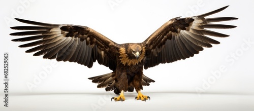 In a striking display of power and grace, the golden eagle, Aquila chrysaetos, spreads its magnificent wings, isolated in a white background, showcasing its white feathers and sharp, deadly claws. As photo
