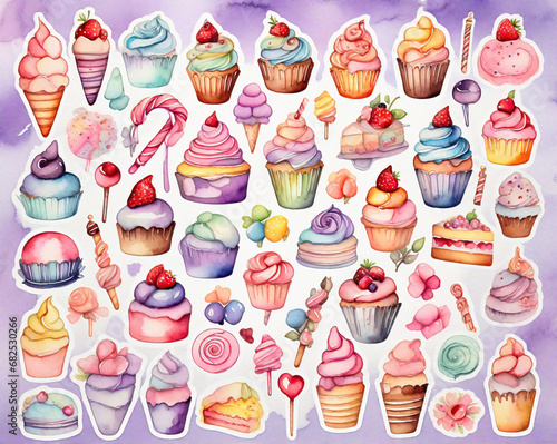 Assorted collection of tasty sweets stickers, pastel watercolor arrangement, generative ai illustration