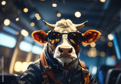 Cow become pilot  wearing glasses and hat  inside plane