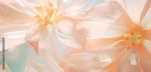 Extreme close-up of delicate flower petals, subtle peachy blush and pale mint greens, in the style of botanical photography, depth of field, serene visuals, minimalistic simplicity, close-up © Nasreen