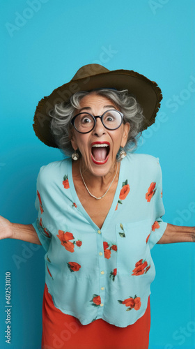 Middle age senior woman wearing blue hat and sunglasses celebrating happy and amazed smile for success with arms raised eyes.
