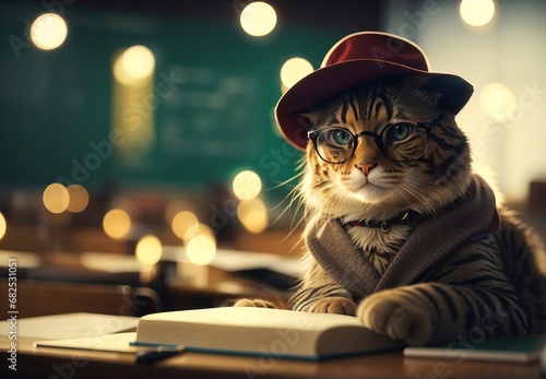 Cat become teacher, wearing glasses and hat, inside clssroom photo