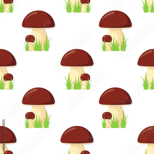 Yellow boletus mushrooms on white background. Vector seamless pattern. Stylized white mushrooms with brown caps in green grass.