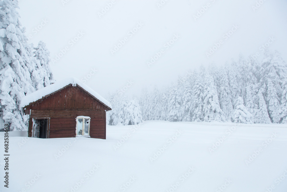 Mountain House in the Winter Season Photo, Golcuk Lake National Park Bolu, Turkiye (Turkey) Mountain House in the Winter Season Photo, Golcuk Lake National Park Bolu, Turkiye (Turkey)
