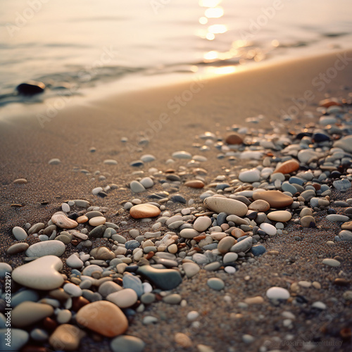 pebbles on a sandy beach at sunrise