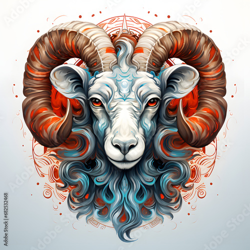 Zodiac sign Aries, portrait of a ram close-up. Colorful illustration of an animal with horns. Horoscope.