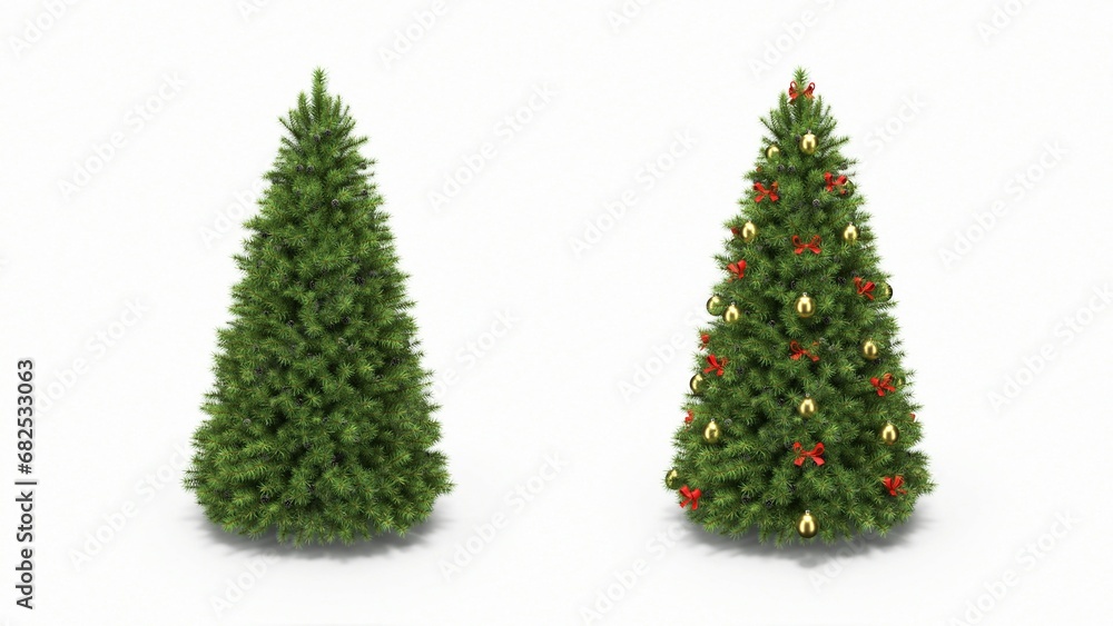 Christmas tree on a white background. two options with Christmas toys and empty. 3D rendering Christmas tree on a white background. two options with Christmas toys and empty. 3D rendering