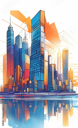 Skyscrapers at sunset  graphic perspective of buildings and reflections on water  abstract architectural background  vector illustration  pop art  sketch art 