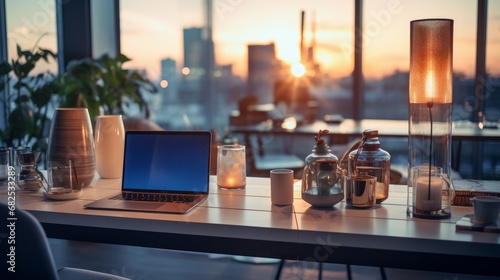Bokeh shot of a stylish contemporary workspace at sunset AI generated illustration